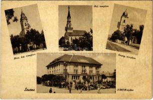 1938 Losonc, Lucenec; Római katolikus templom, Református templom, Evangélikus templom, YMCA épület, automobilok / churches, YMCA building, automobiles (r)