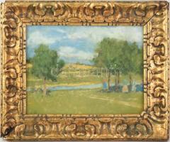 Poll Hugó (1867-1931): Vízparti társaság. Pasztell, papír, jelezve balra lent. Dekoratív, sarkaiban sérült szecessziós fakeretben. 25,5x33 cm. / pastell on paper, signed, framed