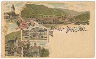 Brassó, Kronstadt, Brasov; Városház, Búzasor, Evangélikus templom, Lövölde / Rathhaus, Konrzeile, Kirche, Schützenhaus / town hall, square, church, shooting hall. Art Nouveau, floral litho (Rb)