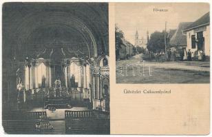 1916 Csíksomlyó, Sumuleu Ciuc; Fő utca, templom belső, Farkas R. üzlete / main street, shop, church interior (ázott / wet damage)