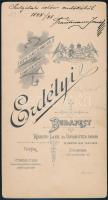 1898 "Szolgálati időm emlékéül", hátoldalon feliratozott keményhátú fotó Erdélyi budapesti...