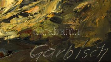 Garbisch jelzéssel: Alpesi táj. Olaj, farost. Dekoratív, kissé sérült fakeretben. 50×100 cm. KIZÁRÓL...