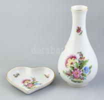 Herendi szív tálka és váza Kézzel festett, jelzett, kis kopással 10x10 cm, 16 cm