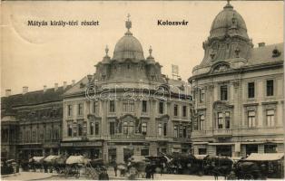 1907 Kolozsvár, Cluj; Mátyás király tér, Frank-Kiss János fiai, Deutsch József, Jeney Lajos üzlete, Magyar Francia Biztosító Rt., Trieszti Általános Biztosító Rt. / square, shops, insurance company (EK)