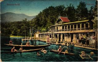 1914 Szováta-fürdő, Baile Sovata; Medve-tó, fürdőzők, csónakázók. Schuster Emil kiadása / Lacul Ursu / spa, lake, bathers, rowing boats (EK)