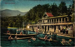 1914 Szováta-fürdő, Baile Sovata; Medve-tó, fürdőzők, csónakázók. Schuster Emil kiadása / Lacul Ursu / spa, lake, bathers, rowing boats (EK)