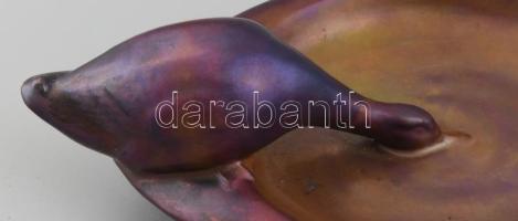 Zsolnay lila eozin mázas, figurális tálka, liba békával, békán csorba, mázhibákkal, jelzett, 1910-14...