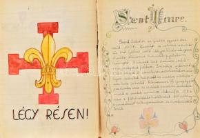 cca 1940 Hungária cserkészcsapathoz tartozó cserkész napló intarziás fa borítással kézzel írt, rajzo...