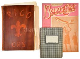 cca 1940 Hungária cserkészcsapathoz tartozó cserkész napló intarziás fa borítással kézzel írt, rajzo...