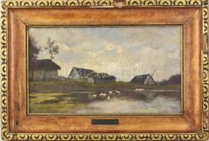 Edvi Illés Aladár (1870-1958): Faluvége. Olaj, vászon. Jelzett. Dekoratív, sérült fakeretben. 34x61 cm / oil on canvas, signed, framed