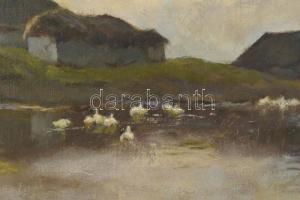 Edvi Illés Aladár (1870-1958): Faluvége. Olaj, vászon. Jelzett. Dekoratív, sérült fakeretben. 34x61 ...