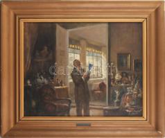 Péczely Antal (1891-1944): A műgyűjtő. Olaj, vászon, jelzett. Dekoratív, kissé sérült fakeretben, 50×60 cm / Péczely Antal (1891-1944): The art collector. Oil on canvas, signed. Framed, 50×60 cm
