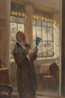 Péczely Antal (1891-1944): A műgyűjtő. Olaj, vászon, jelzett. Dekoratív, kissé sérült fakeretben, 50...