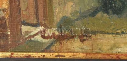 Olvashatatlan jelzéssel: Kisvárosi utca. Olaj, farost. Dekoratív, kissé sérült fa keretben. 35x49,5 ...