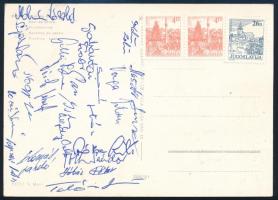 1985 ZTE csapattagjainak aláírása képeslapon (Galántai, Molnár, Sipos, Nagy, Rózsa, Czigány, Péter, stb.)