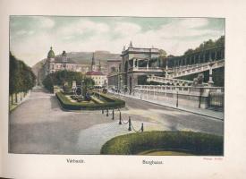 cca 1900 Budapest fő és székváros (Haupt- und Residenzstadt) képes album, Erdélyi fényképész felvételeivel, kiadja: Münchener Graphischen Verlag, előzék- és címlapon folttal és kisebb szakadással, színes képekkel, hirdetésekkel, újrakötött