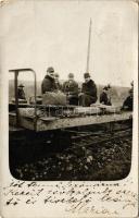 1912 Marosvásárhely, Targu Mures; utazás iparvasúti szerelvényen, kakastollas csendőr, vasút, vonat / travelling on industrial railway, train, gendarme. photo (fa)