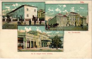 1906 Dés, Dej; Rákóczy ház, Kir. törvényház, Sz. D. megyei nemzeti színház, fodrász terem. Gálócsi Samu kiadása / castle, court, theatre, hairdresser