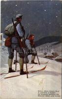 1915 Hóban, éjben, messzi távol... Osztrák-magyar katonák sílécen, A Szent István Társulat háborús képeskártyáinak karácsonyi sorozata / WWI K.u.K. military, soldiers on ski (EB)