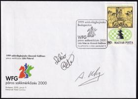 Lékó Péter (1979- ) és Alexander Khalifman (1966- ) nemzetközi sakk nagymesterek autográf aláírása alkalmi borítékon / Chess grandmasters autograph signatures on special cover