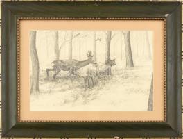 Sovánka Károly (1883-1961): Őzek az erdőben. Ceruza, grafit, papír. Jelezve balra lent. Dekoratív, üvegezett fakeretben. 21,5x32,5 cm / Karol Šovánka (1883-1961): Roe in the forest. Pencil on paper, signed lower left, framed. 21,5x32,5 cm