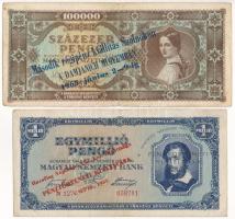 1945. 100.000P kék "Második régipénz kiállítás Szolnokon A DAMJANICH MÚZEUMBAN 1968. június 2-9-ig" felülbélyegzéssel + 1.000.000P piros és fekete "Hazafias Népfront XXI Ker. Bizottsága PÉNZTÖRTÉNETI KIÁLLÍTÁSA CSEPEL 1963" felülbélyegzésekkel T:F,VG