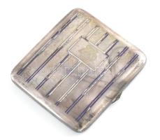 Ezüst(Ag) cigarettatárca, zománcozott díszítéssel, jelzett, kopásokkal, horpadással, 9×8,5 cm
