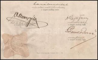 1919 Pénzügyminisztériumi bizonyítvány Béla Glatter (1888 - 1930) és mások aláírásával