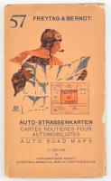 cca 1920-1930 Freytag & Brendt: Auto-Strassenkarten 57: Kronstadt (Brassó) és Ploesti autóstérképe, rajta Brassó (Kronstadt/ Brasov), Nagyszeben (Sibiu/Hermannstadt), Ploesti, Pitesti, Tragoviste és más városok, 1:300.000 eredeti borítékkal, az elülső borító leszakadt, egyébként jó állapotban,54x66 cm, lap: 61x84 cm