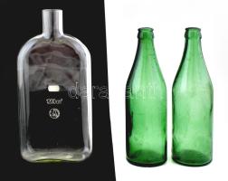 2 régi magyar sörös üveg + 1 db tűzálló laboratóriumi palack, m: 24-29 cm