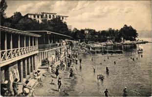 Lovran, Lovrana; strand, fürdőzők. reklám a hátoldalon / beach, bathers. advertisement on the backside