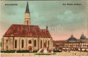 1916 Kolozsvár, Cluj; Szt. Mihály templom, Haraszthy Jenő üzlete, Mátyás király szobor. Deák Ferenc kiadása / church, shop, statue (EK)