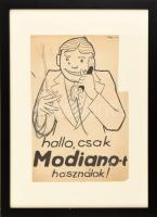 Kézdi-Kovács Elemér (1898-1976): Hallo, csak Modiano-t használok (reklámterv). Tus, ceruza, papír. Jelezve jobbra fent kissé töredékesen. Néhány apró folttal. Sérült, jobb felső részében kissé hiányos. Üvegezett fakeretben, 30×20 cm / cigarette advertisement. Ink on paper, signed, damaged, framed.