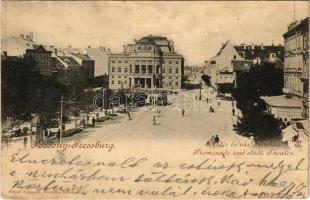 1899 (Vorläufer) Pozsony, Pressburg, Bratislava; Sétatér és városi színház, villamos. Kozics Ede kiadása / Promenade und städt. Theater / square, theatre, tram (fa)