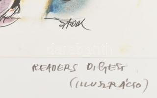 Sajdik Ferenc (1930-): Fűrészelő (Reader's Digest illusztráció). Vegyes technika, papír, jelezv...