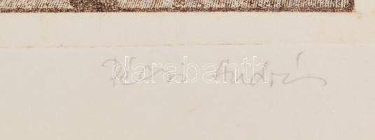 Pécsi András: Öreg vadász. Színezett rézkarc, papír, jelzett, sorszámozott 33×28 cm