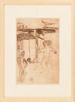 Tichy Gyula (1879-1920): Boszorkány és női akt (szecessziós jelenet). Rézkarc, papír, jelzés nélkül, 24x17,5 cm. Üvegezett fakeretben. / art nouveau scene, etching on paper, unsigned, 24x17,5 cm. Framed.