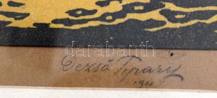 Tipary Dezső (1887-1967): Tatatóvárosi részlet, 1911. Linómetszet, papír, jelzett. 30x25,5 cm. Üvege...