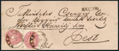 ~1865 2 x 5kr + 10kr (ketté tépve) ajánlott levélen / 2 x 5kr + 10kr (torn in two) on registered cover "PAKS" - Pest