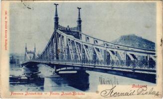 1899 (Vorläufer) Budapest, Ferenc József híd, teherhajó lehajtható kéménnyel az áthaladás idejére (EK)