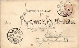 1899 (Vorläufer) Budapest, Ferenc József híd, teherhajó lehajtható kéménnyel az áthaladás idejére (E...