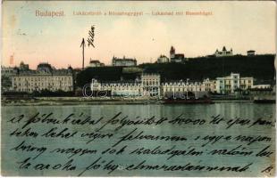 1909 Budapest II. Szent Lukács fürdő a Rózsaheggyel, Rózsadomb, úszómedence a Dunán, villák. Taussig A. 5824. (EK)