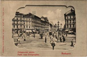 Budapest VI. Oktogon téri részlet, villamos, Kömlődi Jakab, Ernyei Lajos, Sokulski üzlete, lovas rendőr. Divald Károly 239. sz.