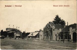 Budapest XIV. Városliget, Mulató bódék (Wurstli), Magyar Műszínkör, Özv. Bienenfeld Zsigmondné első magyar gyorsfényképész műterme, villamos