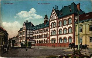 1915 Debrecen, Református főgimnázium, villamos. Vasúti levelezőlapárusítás 16. sz. 1915. (ázott sarok / wet corner)