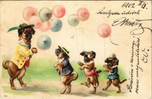 1902 Lufiárus kutya kiskutyákkal / Balloon seller dog and puppies. litho (fl)