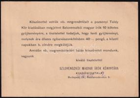 1936 A Pozsonyi Toldy kör két körlevele Szlovenszkói Magyar Írók