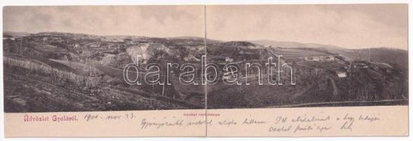 1901 Gyalár, Ghelari; vaskőbánya, sodronypálya. 2-részes kinyitható panorámalap / ironstone mine, wire rope course, ropeway transport. 2-tiled folding panoramacard (r)