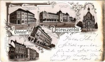 1897 (Vorläufer) Debrecen, Állami főreáliskola, Törvényszéki palota, izraelita imaház, zsinagóga, Piac tér, Iparbank palota. László Albert könyvkereskedő reklámja és kiadása. Art Nouveau, floral, litho