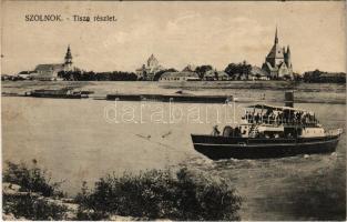 1918 Szolnok, Tisza részlet, gőzhajó, uszoda, zsinagóga és templomok. Gerő Ignác kiadása